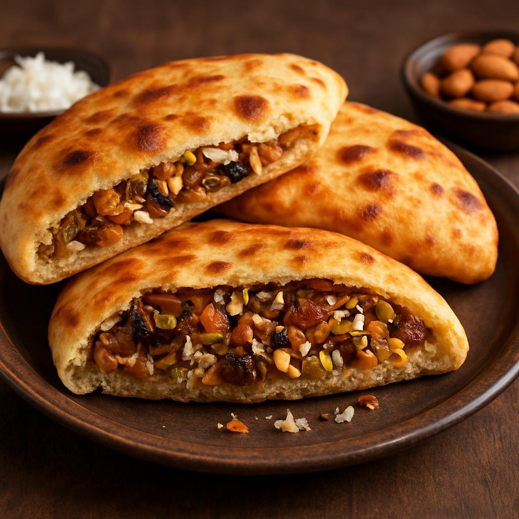 Entree: Pakistan – Khyber Pakhtunkhwa – پشاوری نان ➤ Peshawari Naan (Leavened tandoor-style flatbread stuffed with a sweet mixture of dried fruits, nuts, and coconut) recipe