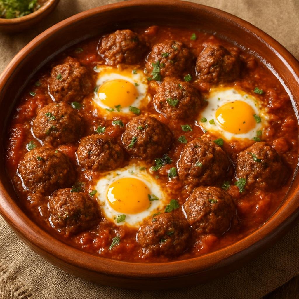 Entree: Morocco – Marrakesh – Kefta Mkaouara (Moroccan spiced meatballs simmered in a tomato sauce and finished with eggs) recipe
