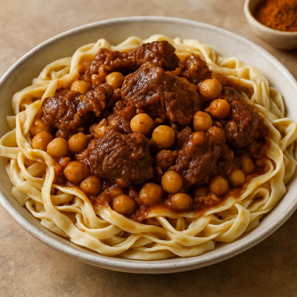 Entree: Algeria – Oran & West – رشتة ➤ Rechta (Hand-cut semolina noodles served with a spiced lamb and chickpea stew) recipe