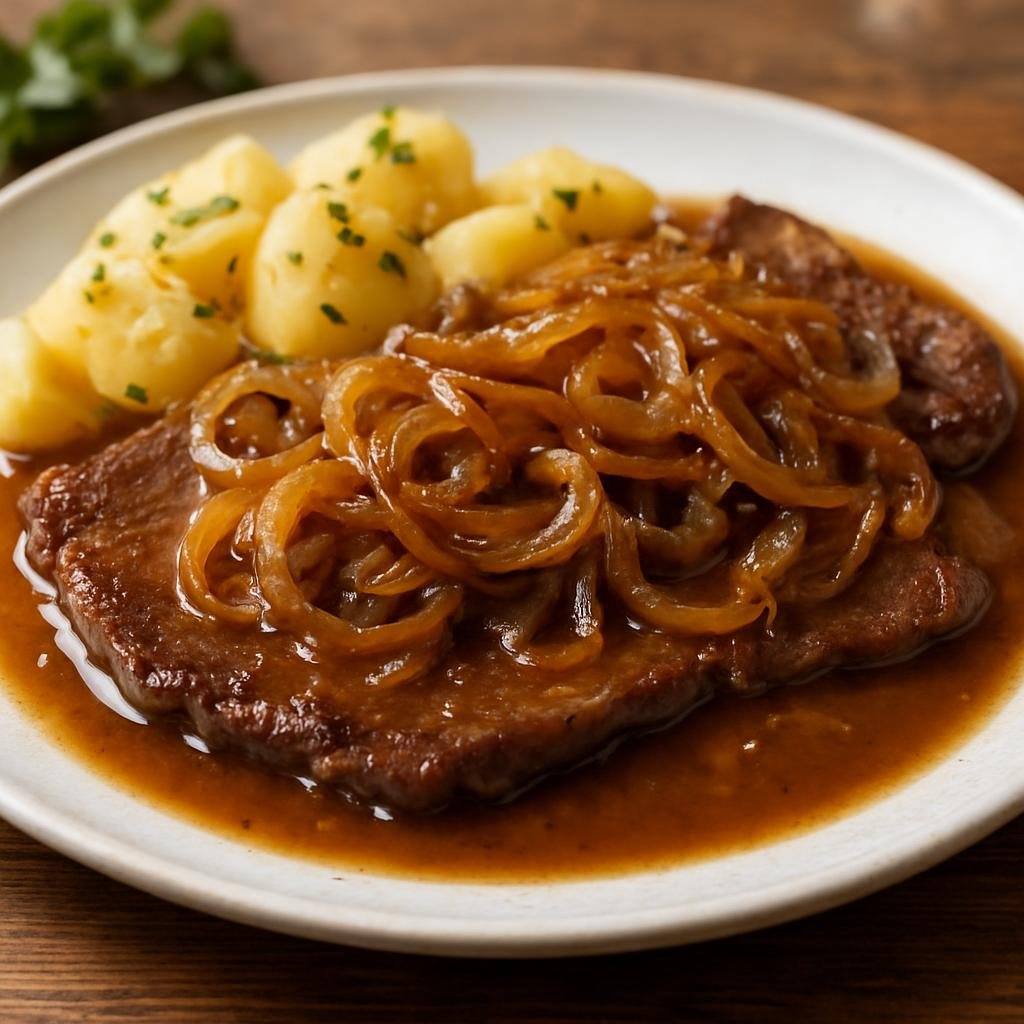 Entree: Austria – Vienna – Zwiebelrostbraten (Pan-fried thinly sliced roast beef topped with caramelized onions and a savory brown-onion gravy) recipe