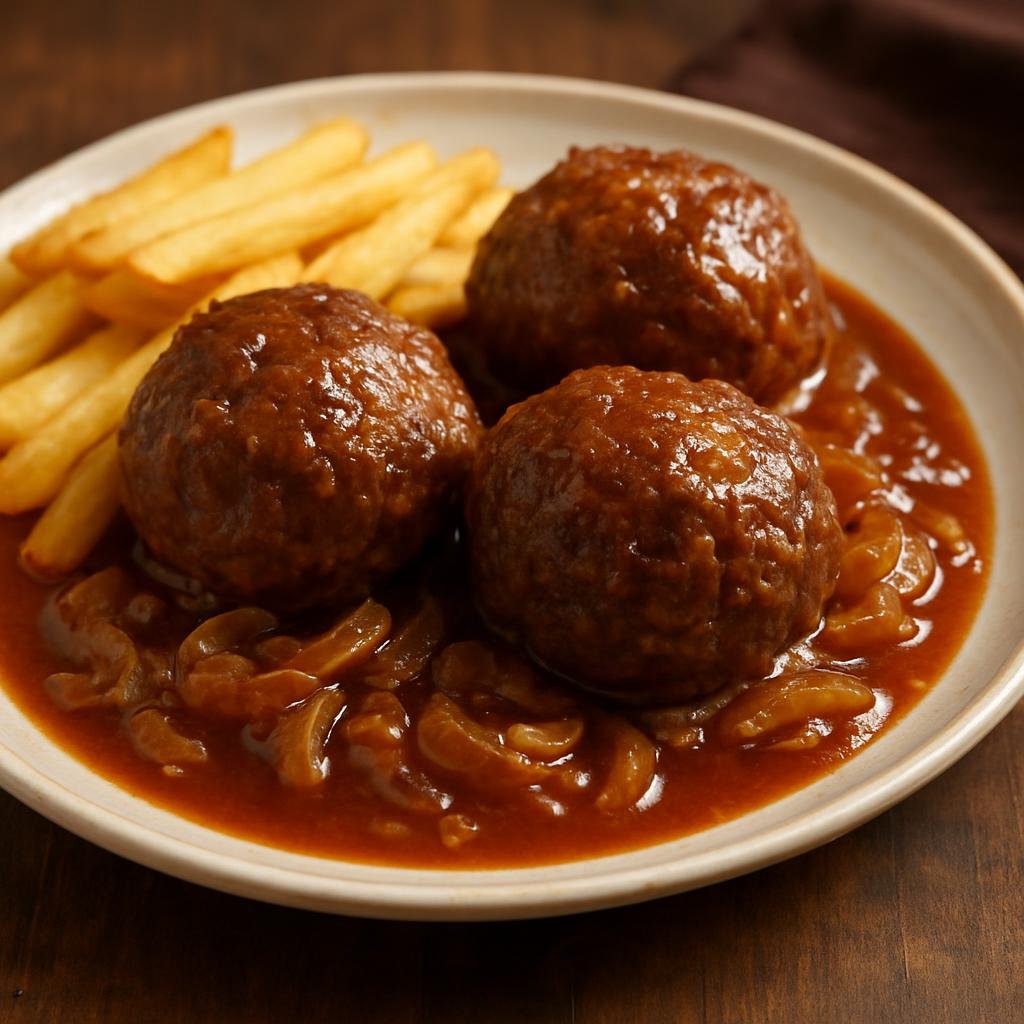 Entree: Belgium – Wallonia – Boulets Liégeois (Liège-style meatballs in a sweet-and-sour beer and onion gravy) recipe