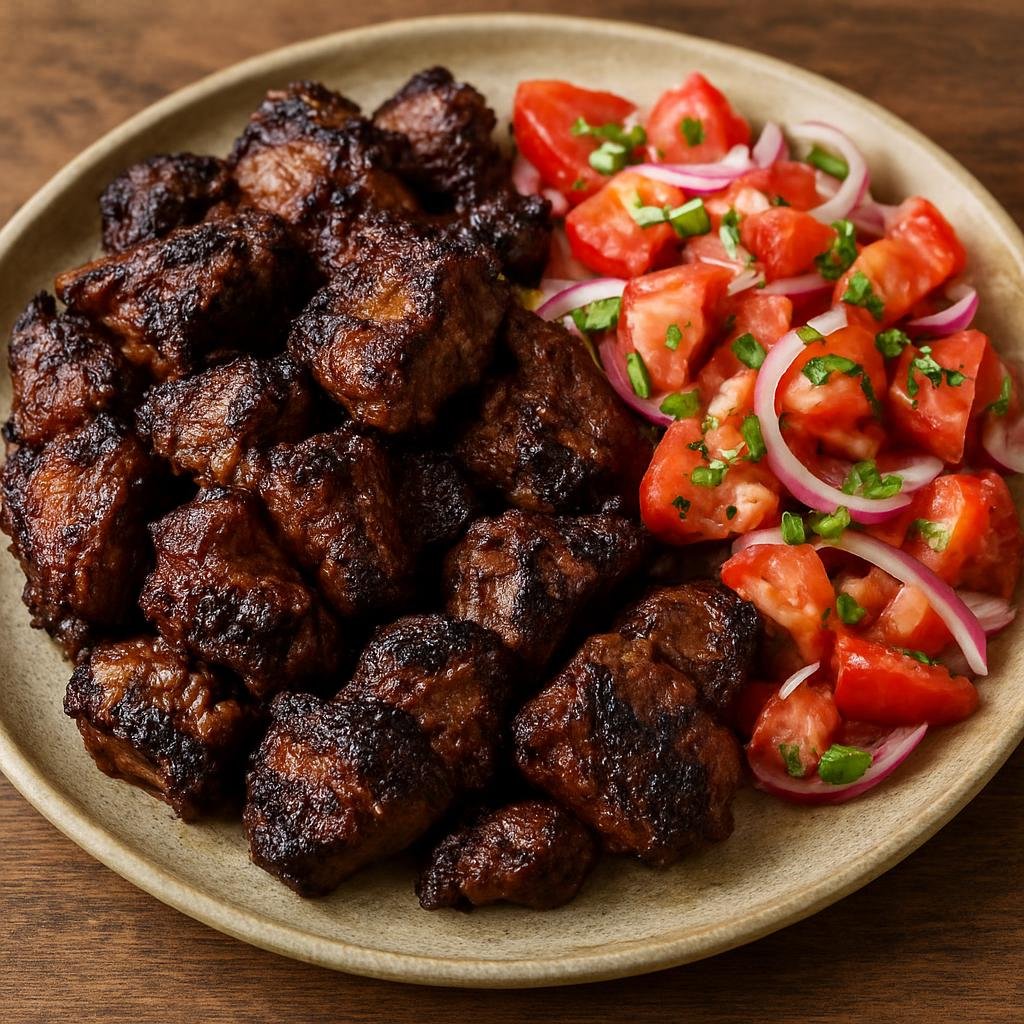 Entree: Kenya – Western Kenya – Nyama Choma (Charcoal-grilled seasoned meat, typically goat or beef, served as a communal main with a fresh tomato-onion salad) recipe