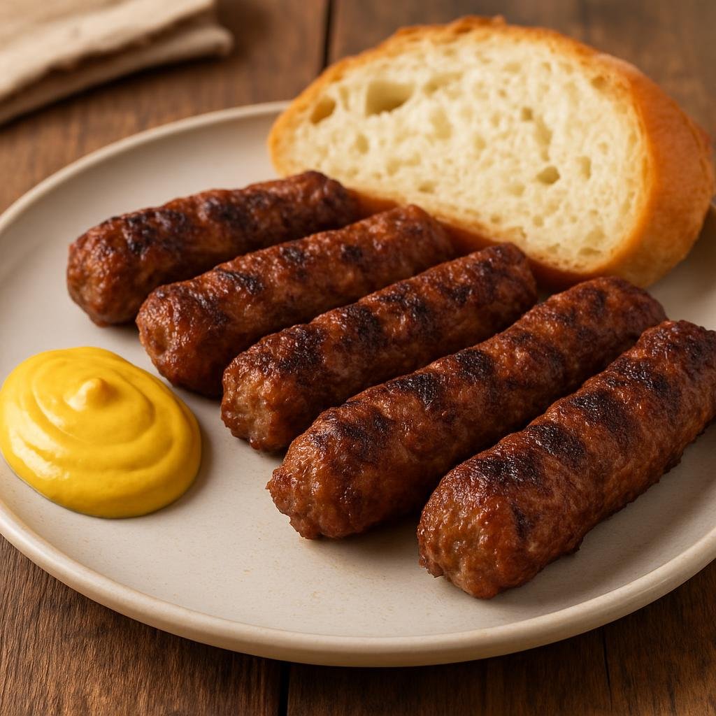 Entree: Romania – Wallachia – Mici (Seasoned, skinless grilled ground-meat rolls shaped into short sausages and served hot, often with mustard and bread) recipe