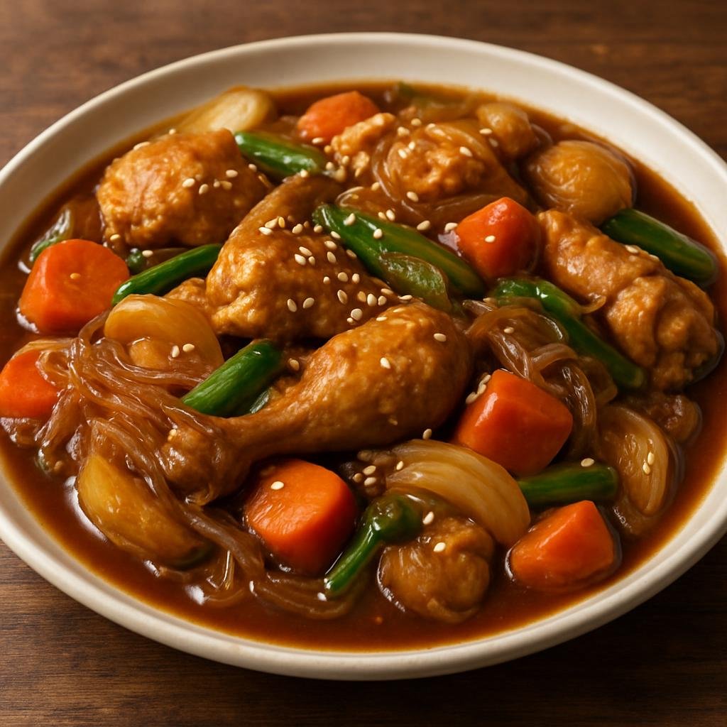 Entree: South Korea – Seoul & Gyeonggi – 찜닭 ➤ Jjimdak (Braised Korean chicken with vegetables and glass noodles in a sweet-savory soy-based sauce) recipe