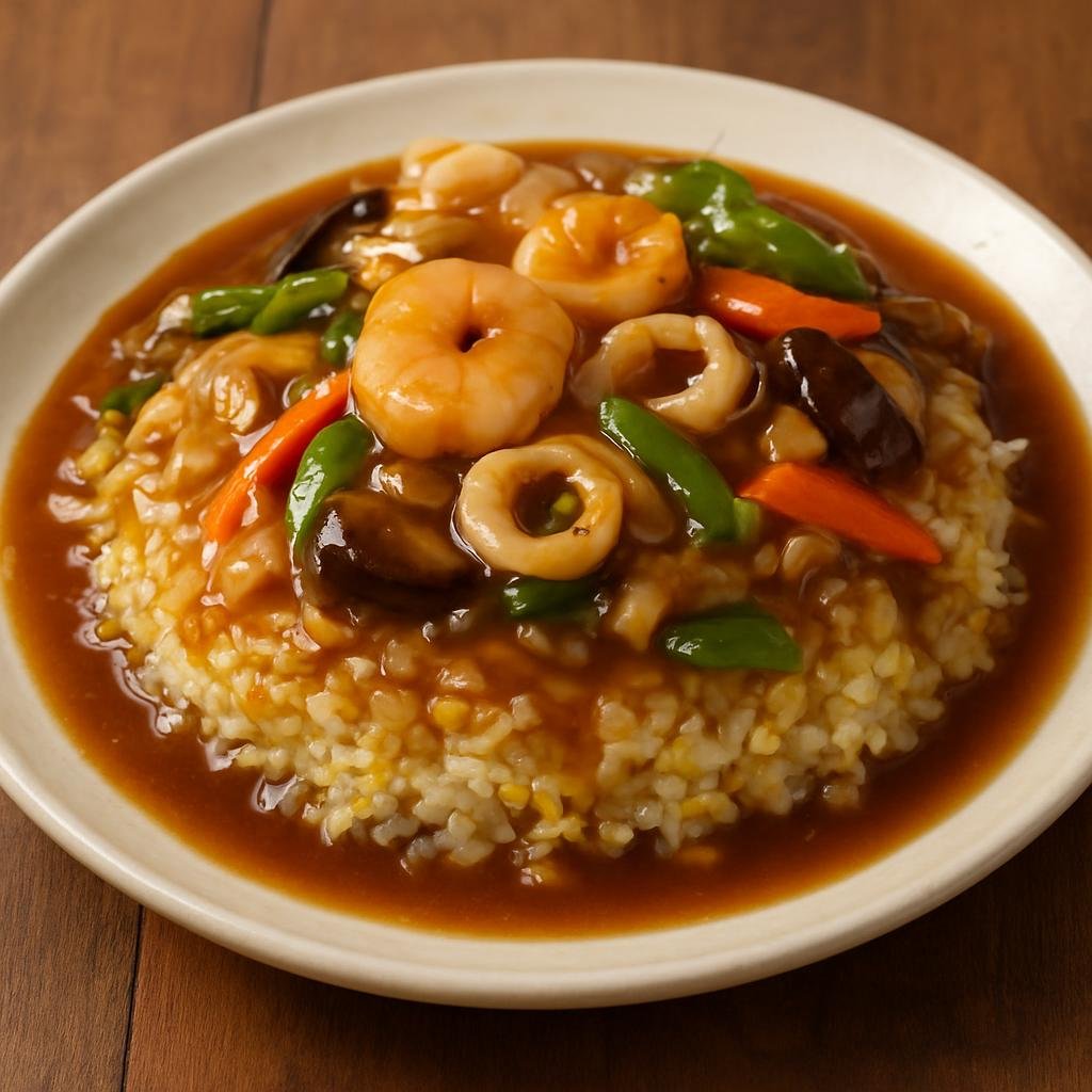 Entree: China – Fujian – 福建炒饭 ➤ Fújiàn chǎofàn (Egg-fried rice topped with a savory seafood and vegetable brown gravy characteristic of Fujian cuisine) recipe