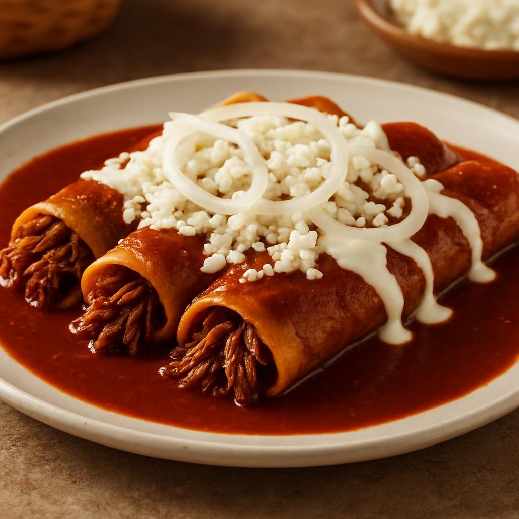 Entree: Mexico – Durango & Zacatecas – Enchiladas Zacatecanas (Rolled corn tortillas filled with shredded beef and bathed in a guajillo red chile sauce, topped with onion, queso fresco, and crema) recipe