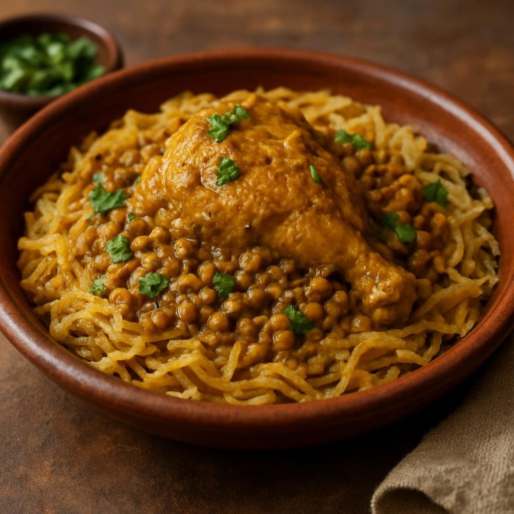 Entree: Morocco – Marrakesh – رفيسة ➤ Rfissa (Fenugreek-scented chicken and lentil stew served over shredded Moroccan flatbread) recipe