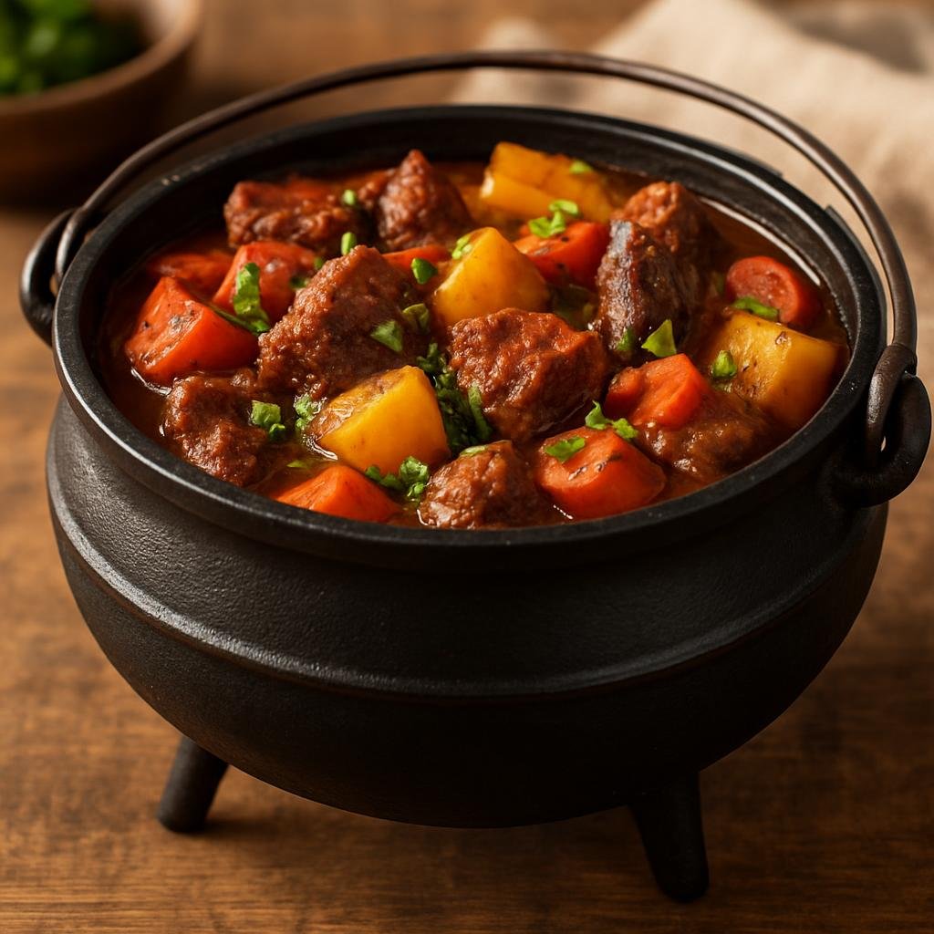 Entree: South Africa – Karoo – Potjiekos (Traditional slow-cooked South African stew of meat and vegetables made in a small cast-iron pot) recipe