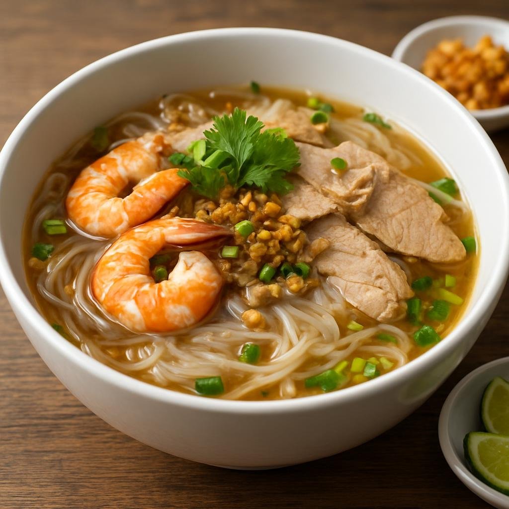 Entree: Vietnam – Mekong Delta – Hu Tieu Nam Vang (Cambodian-influenced clear rice noodle soup with pork, shrimp, and aromatic broth) recipe