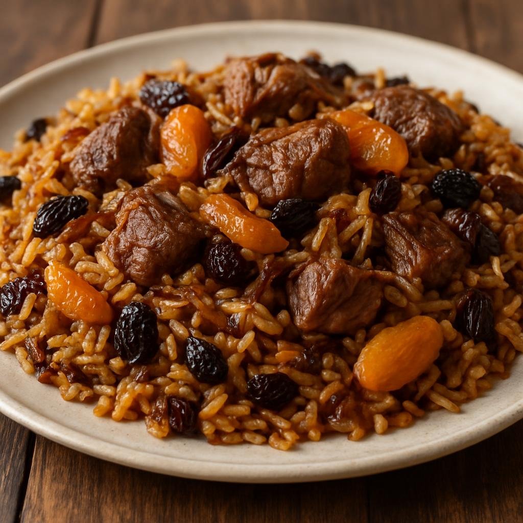 Entree: Armenia – Yerevan & Central Armenia – ղարսի խորիզ ➤ Gharsi Khoriz (Traditional Armenian lamb and rice pilaf cooked with caramelized onions, warm spices, and dried fruit) recipe