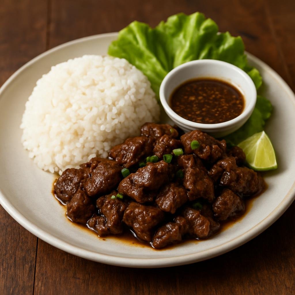 Entree: Cambodia – Phnom Penh – លុកឡាក់ ➤ Lok Lak (Cambodian-style marinated stir-fried beef served with rice and a lime–black pepper dipping sauce) recipe