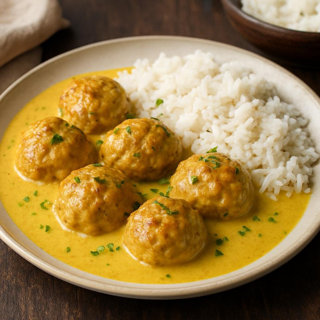 Entree: Denmark – Jutland – Boller i Karry (Danish pork meatballs served in a mild curried cream sauce with rice) recipe