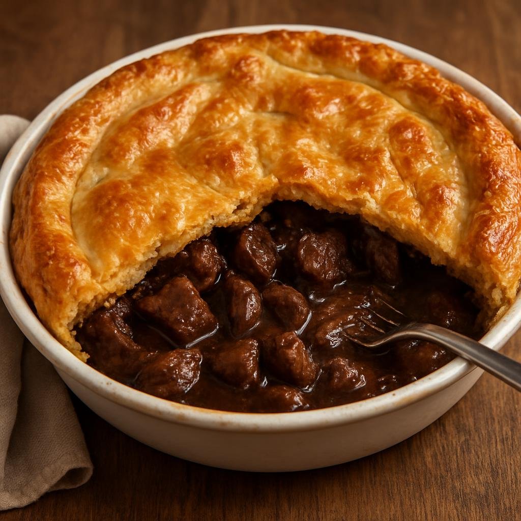 Entree: Ireland – West Ireland – Beef and Guinness Pie (Savory baked pie of slow-braised beef in Guinness stout topped with a flaky pastry crust) recipe