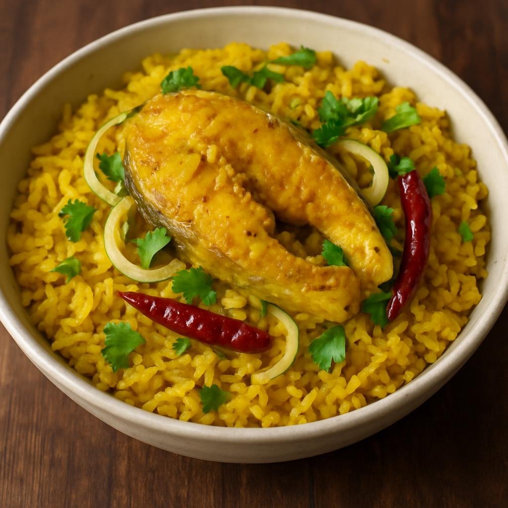 Entree: Myanmar – Shan State Cuisine – ငါးထမင်း ➤ nga htamin (Shan-style turmeric fish cooked with rice and aromatics) recipe