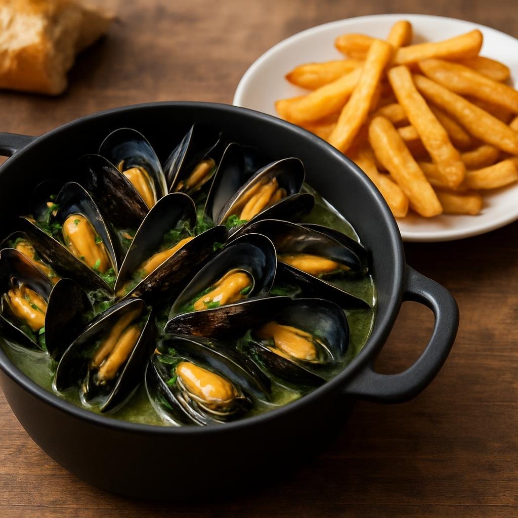 Entree: France – Brittany – Moules Frites (Steamed mussels in an aromatic white-wine and herb broth served with crispy fried potatoes) recipe