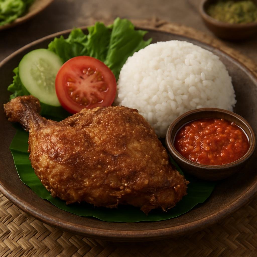 Entree: Indonesia – Central Java – Ayam Penyet (Crispy fried smashed chicken served with spicy sambal, rice, and fresh garnishes) recipe