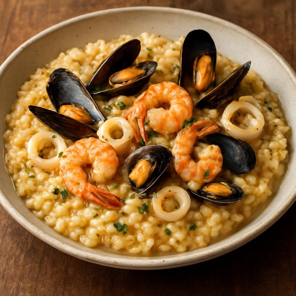 Entree: Italy – Campania / Naples – Risotto alla Pescatora (Creamy Italian risotto cooked with a medley of fresh seafood in a savory fish broth and white wine) recipe