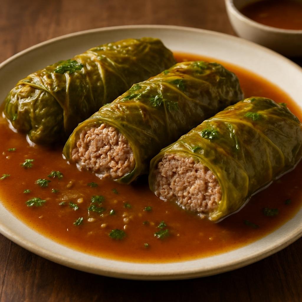 Entree: Germany – Hamburg & North Sea – Kohlrouladen (Cabbage leaves wrapped around seasoned minced meat and rice, simmered in a savory braising sauce) recipe