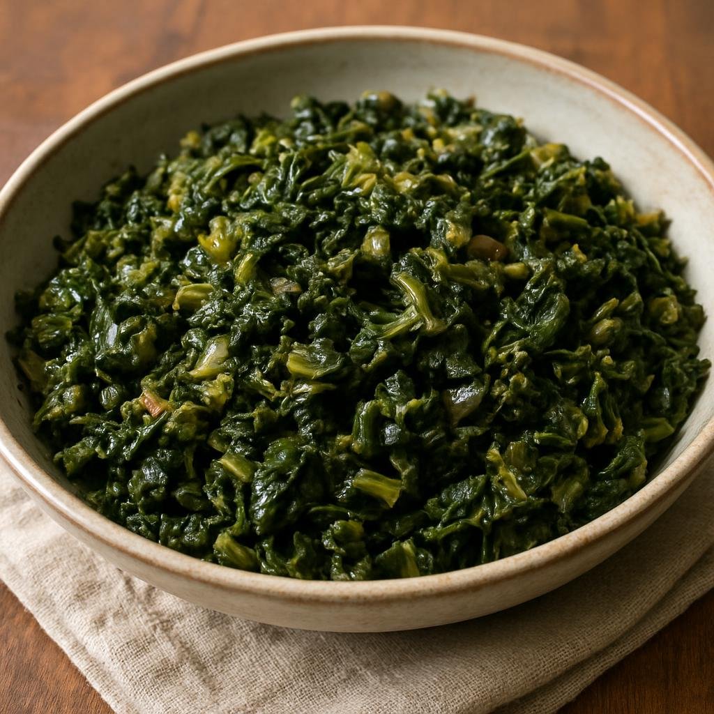 Entree: Ethiopia – Ethiopian Orthodox Fasting Cuisine – ጎመን ➤ Gomen (Slow-simmered collard greens seasoned with onion, garlic, ginger, and mild Ethiopian spices prepared without animal products) recipe