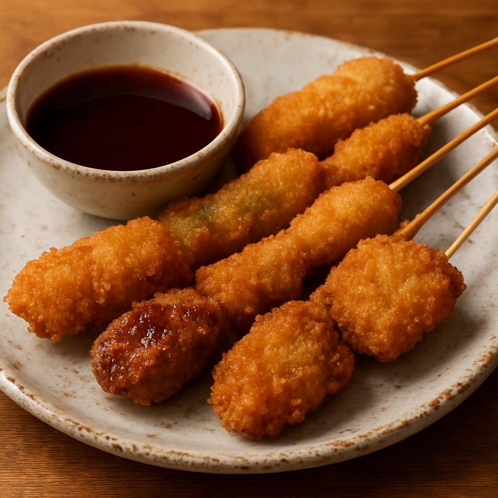 Entree: Japan – Kansai / Osaka-Kyoto – 串カツ ➤ Kushikatsu (Osaka-style skewered and panko-breaded deep-fried meat and vegetables served with a tangy brown sauce) recipe