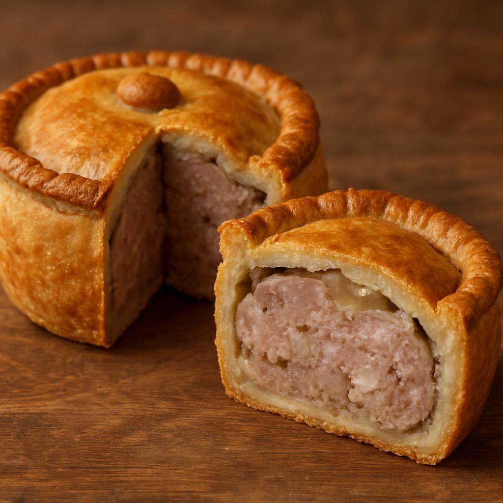 Entree: United Kingdom – England - Midlands – Pork Pie (Savory hand-raised hot-water crust pastry filled with seasoned pork and set with pork jelly) recipe