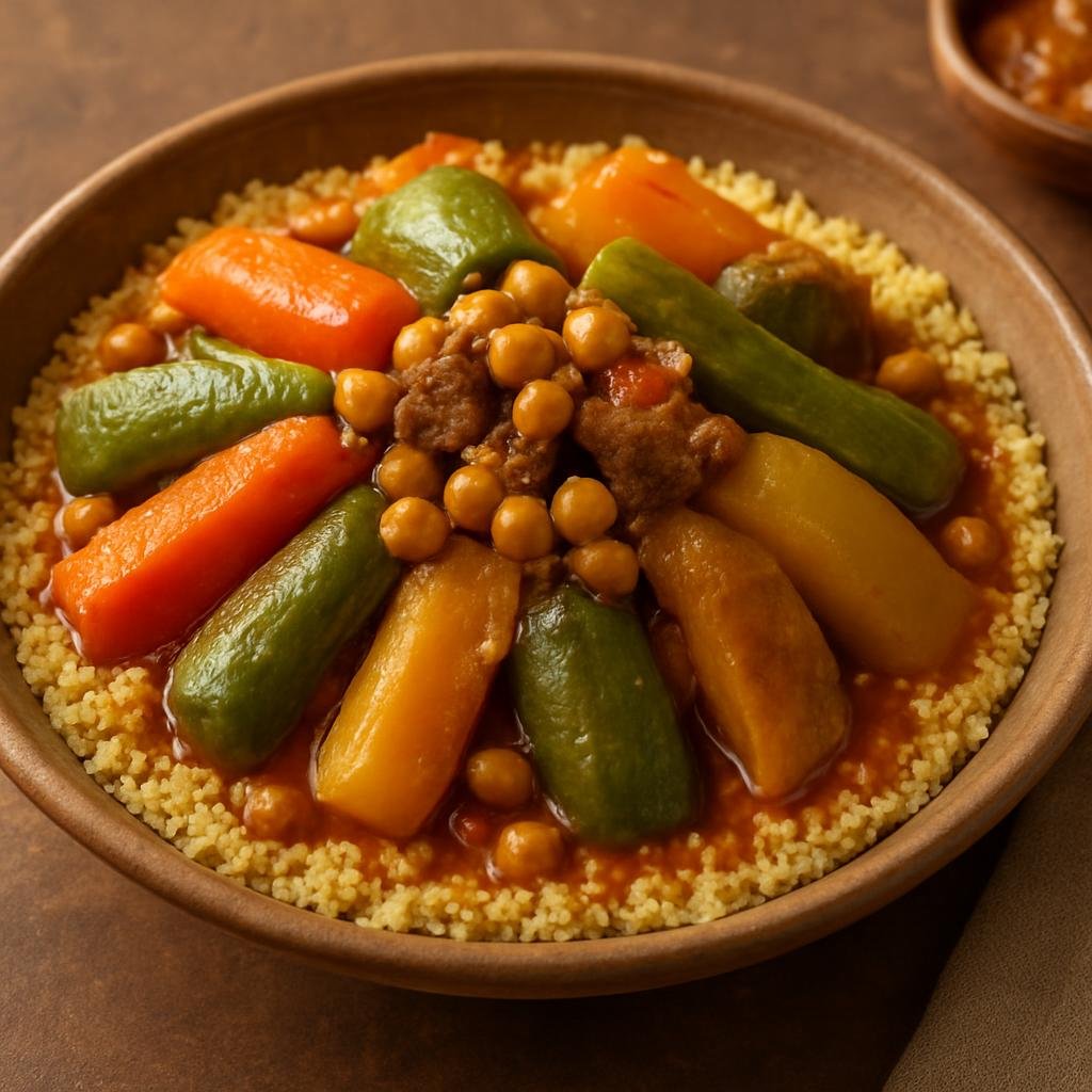 Entree: Morocco – Marrakesh – كسكس بالخضروات السبع ➤ Kseksu bil-khudrawāt as-sab‘a (A Moroccan steamed semolina couscous served with a rich spiced broth and a medley of seven cooked vegetables, often with lamb and chickpeas) recipe