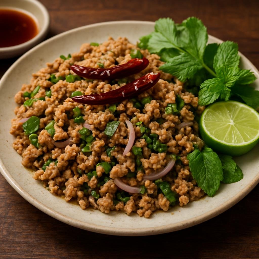 Entree: Thailand – Northern Thailand – ลาบเมือง ➤ Laap Muang (Northern Thai seasoned minced pork salad with toasted rice, lime, fish sauce, chilies and fresh herbs) recipe