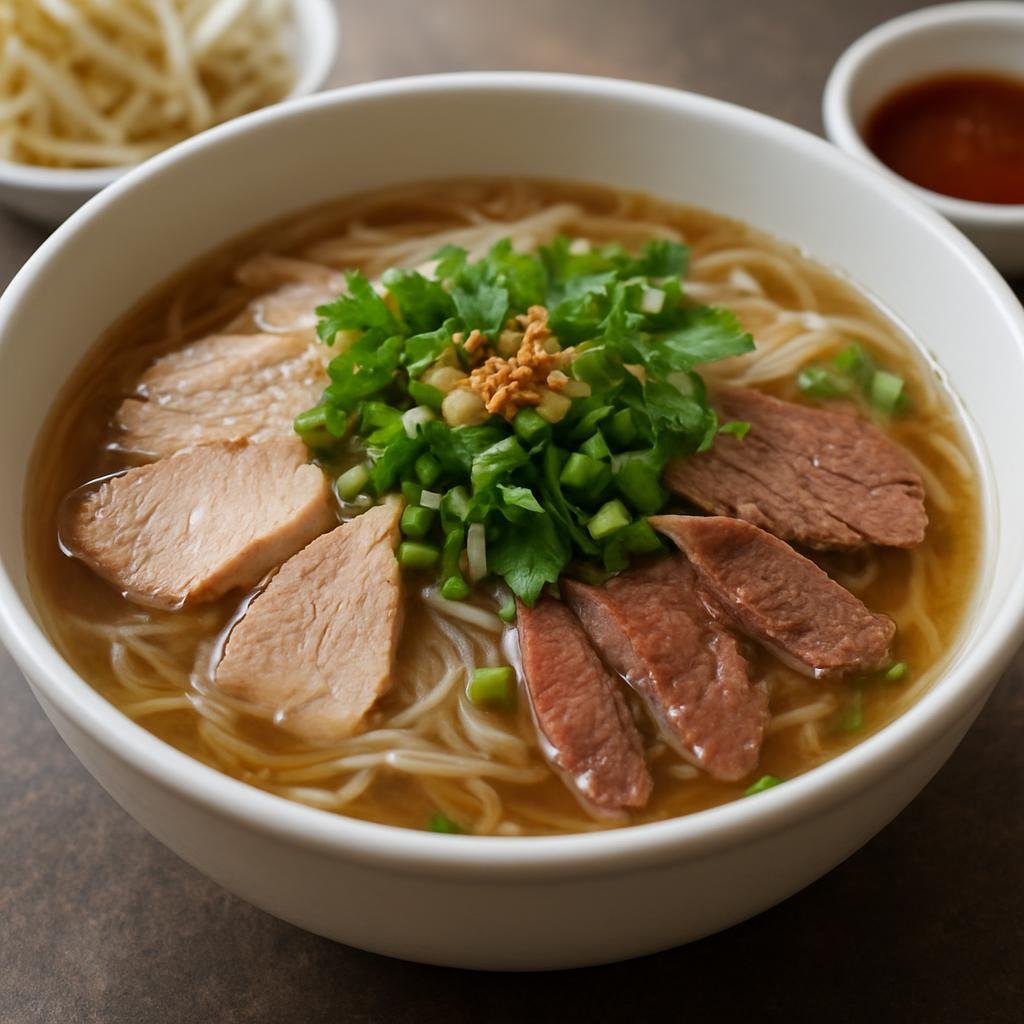 Entree: Cambodia – Phnom Penh – គុយទាវ ➤ kuy teav (Cambodian clear rice noodle soup with savory pork-and-beef broth topped with sliced meats and fresh herbs) recipe