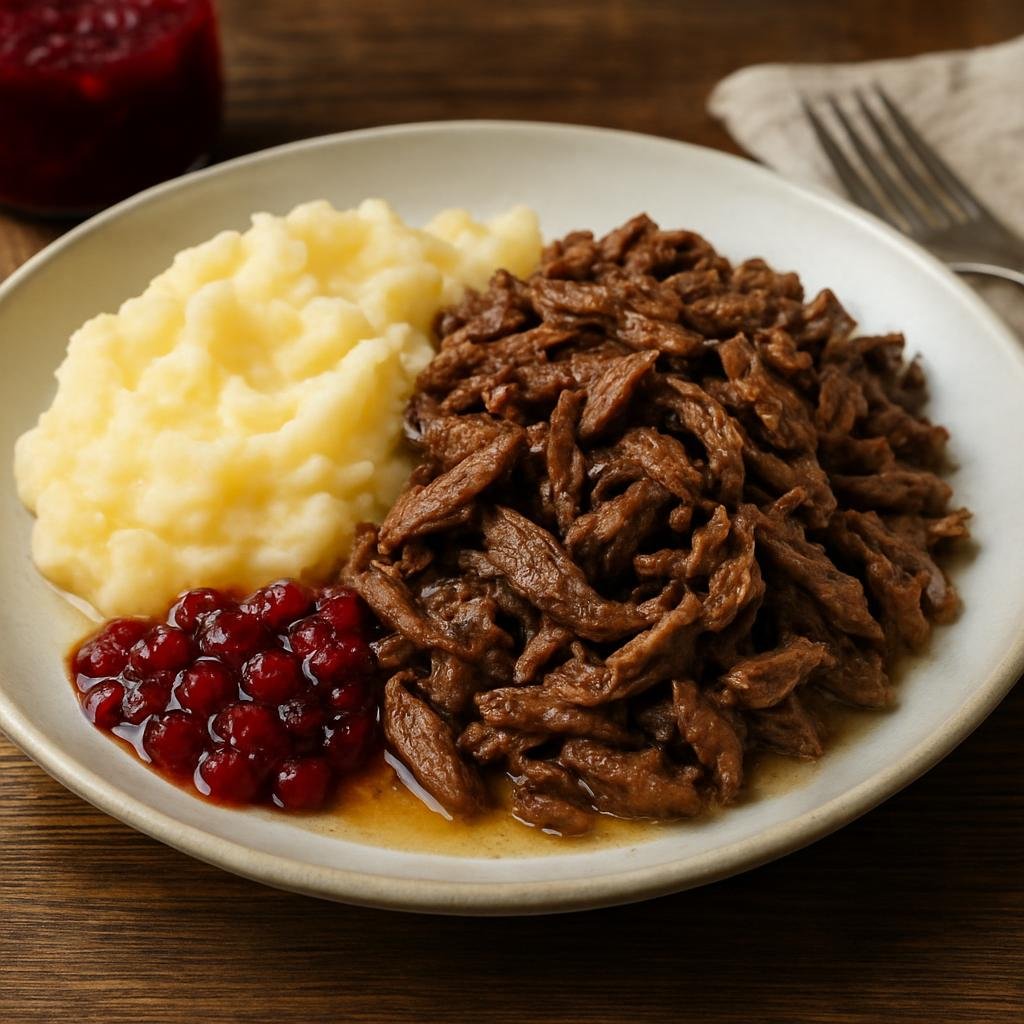 Entree: Finland – Southern Finland – Poronkäristys (Sautéed thinly sliced reindeer cooked in butter and stock, served with mashed potatoes and lingonberry jam) recipe