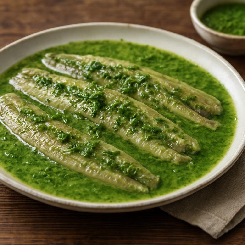 Entree: Netherlands – North Sea Coast – Paling in 't Groen (Freshwater eel braised in a bright green herb sauce typical of the Dutch North Sea coast) recipe