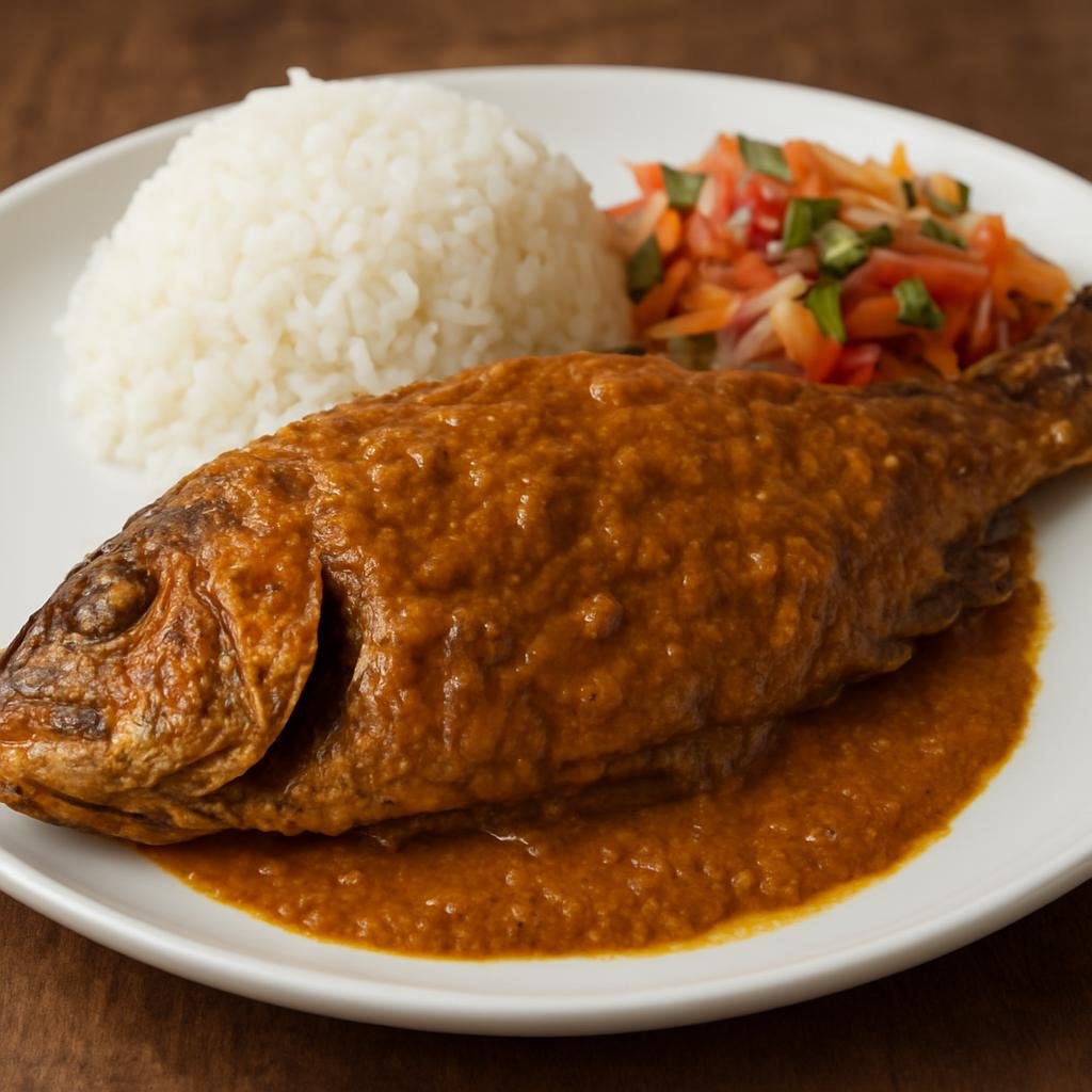 Entree: Tanzania – Zanzibar – Samaki wa Kupaka (Grilled or roasted whole fish topped with a rich Zanzibari coconut-peanut sauce) recipe