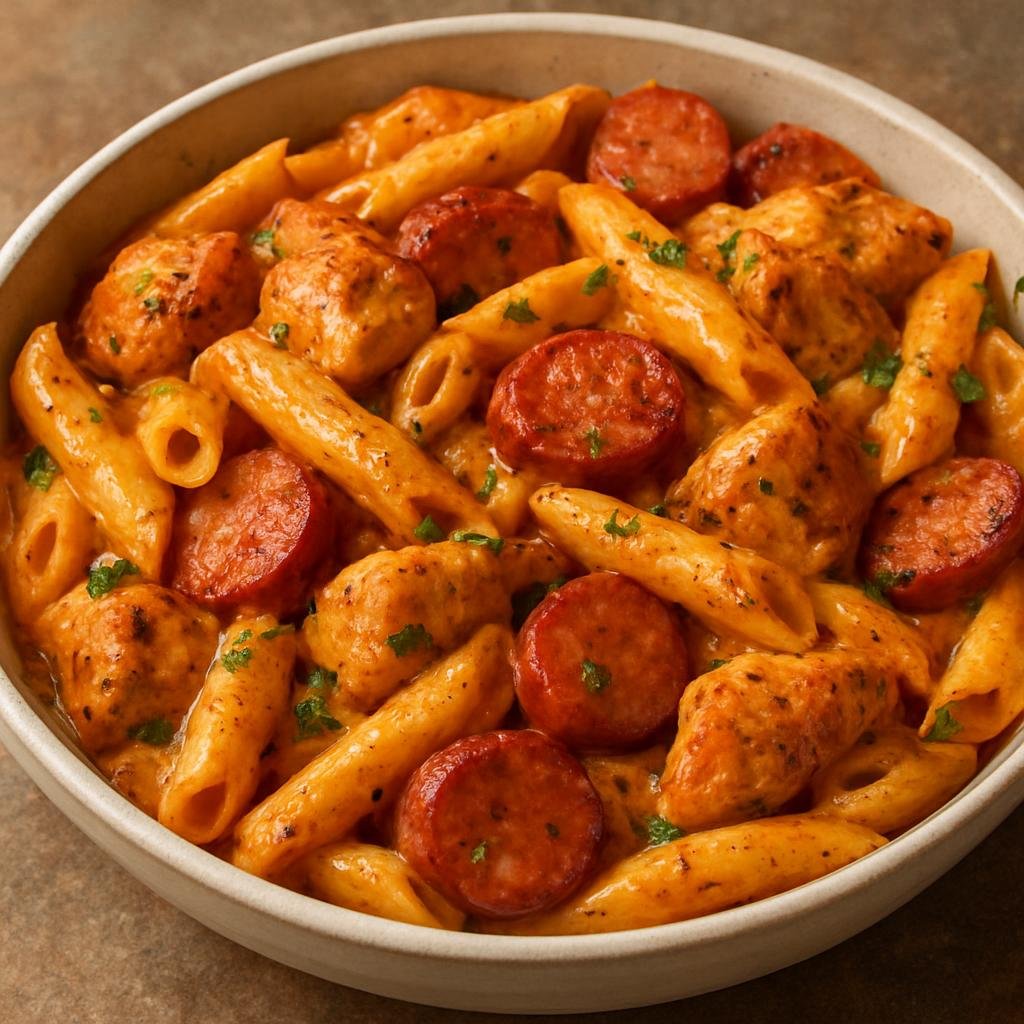 Entree: United States – Cajun Louisiana – Cajun Chicken and Sausage Pasta (Creamy, spicy pasta tossed with Cajun-seasoned chicken and smoked sausage) recipe