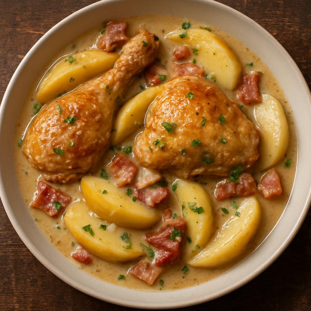 Entree: France – Brittany – Poulet à la Bretonne (Breton-style braised chicken in cider and cream with apples and bacon) recipe