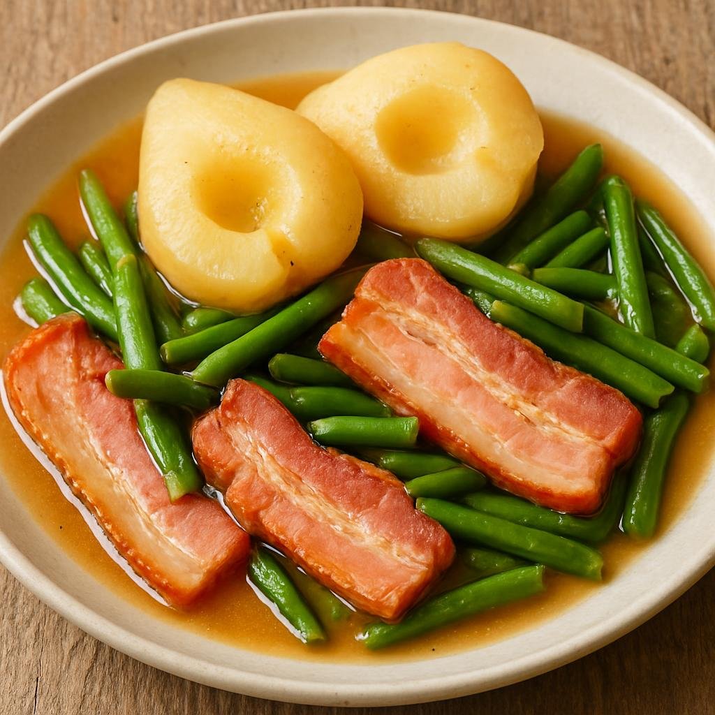 Entree: Germany – Hamburg & North Sea – Birnen, Bohnen und Speck (Northern German main of pears, green beans, and smoked bacon cooked together in a savory-sweet broth) recipe