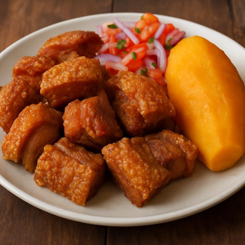 Entree: Peru – Cuzco – Chicharrón de Cerdo (Crispy, golden-fried pork pieces rendered and fried until crackling, served with boiled sweet potato and tangy salsa criolla) recipe