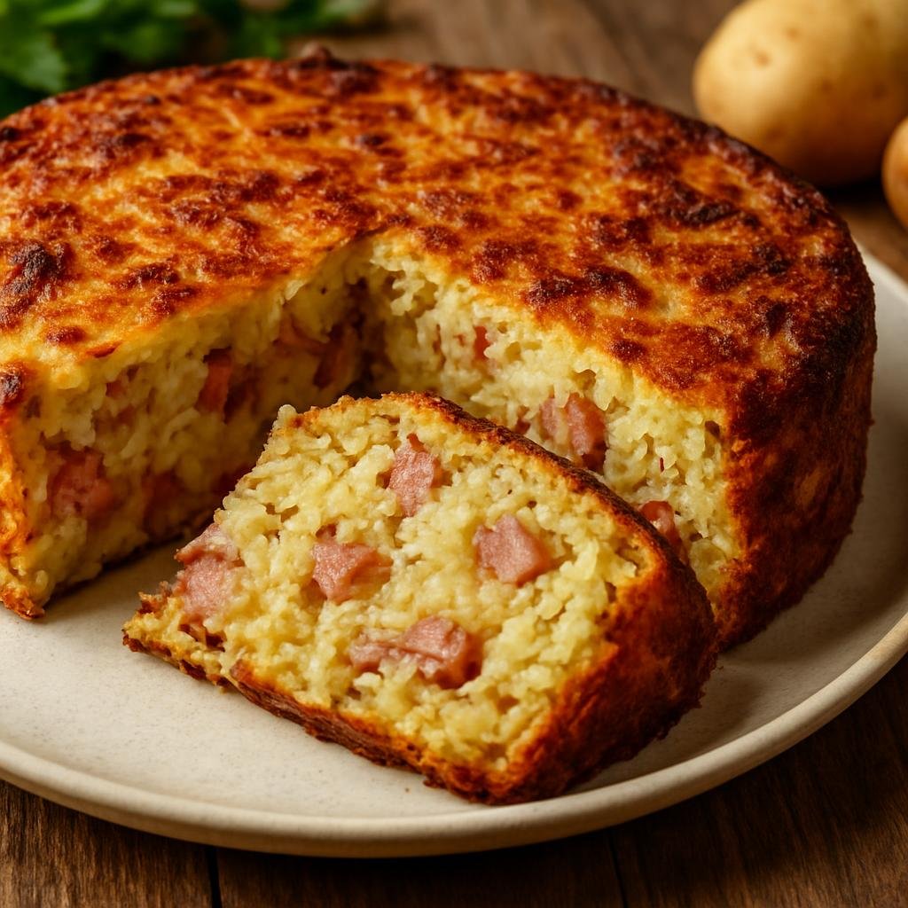 Entree: Poland – Podlasie – Babka ziemniaczana (Savory baked potato cake made with grated potatoes, eggs, and smoked pork) recipe