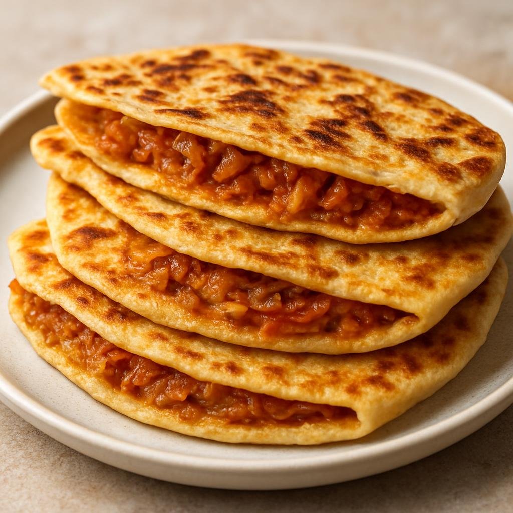Entree: Algeria – Oran & West – محاجب ➤ Mhajeb (Thin semolina flatbreads folded around a spiced onion-tomato filling, pan-griddled until crisp) recipe
