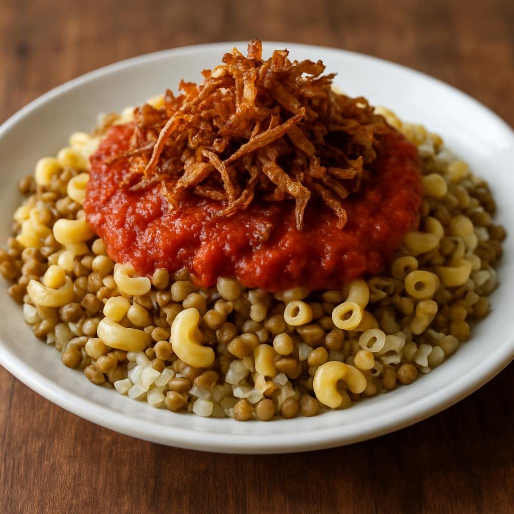 Entree: Egypt – Nubian Egypt – كشري ➤ Koshari (Layered Egyptian street dish of rice, lentils, pasta, and spiced tomato sauce topped with crispy fried onions) recipe