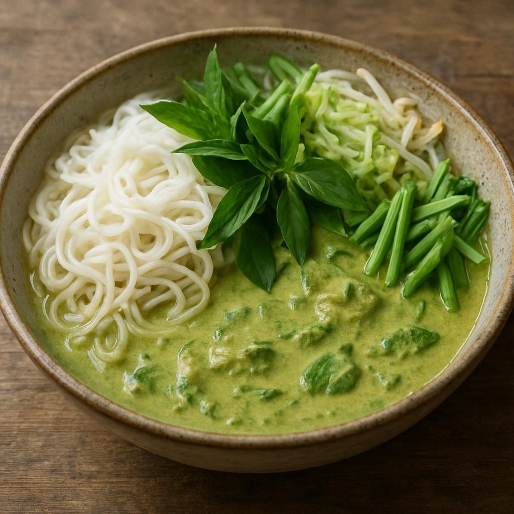 Entree: Cambodia – Phnom Penh – នំបញ្ចុក ➤ nom banh chok (Cambodian rice noodle dish served with a light fish-based green curry sauce and fresh herb and vegetable garnishes) recipe