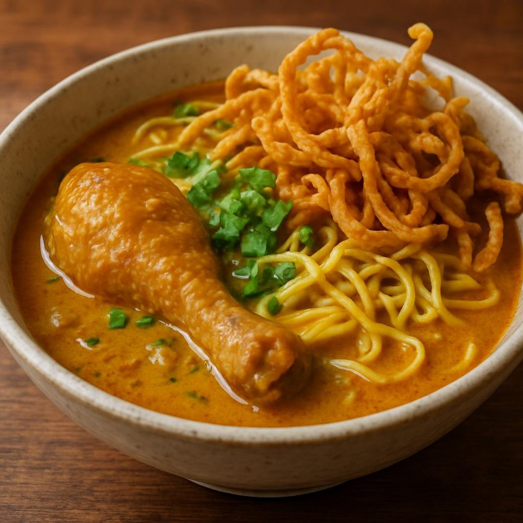 Entree: Myanmar – Shan State Cuisine – ข้าวซอย ➤ Khao Soi (Coconut-curried egg noodle soup with braised chicken and crisp fried noodles) recipe