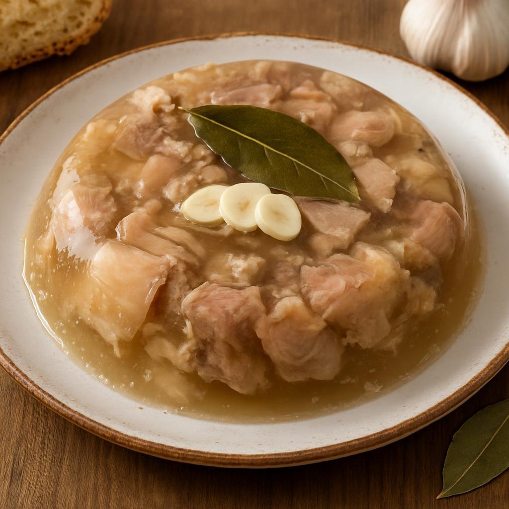 Entree: Romania – Wallachia – Piftie (Savory Romanian meat aspic made by simmering pork trotters and knuckle until natural jelly forms, flavored with garlic and bay) recipe