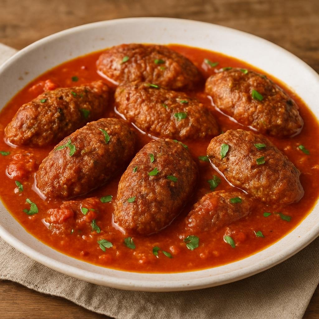 Entree: Syria – Syrian Kurdish Cuisine – Kurdish Kofta (Spiced ground lamb patties cooked and simmered in a simple tomato sauce typical of Syrian Kurdish home cooking) recipe