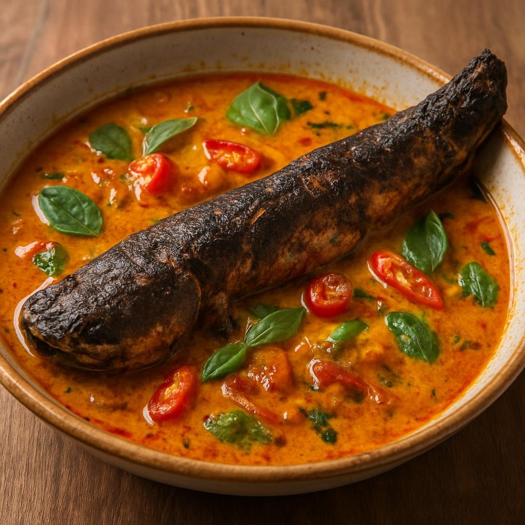 Entree: Indonesia – Central Java – Mangut Lele (Smoked catfish simmered in a spicy roasted-chili and coconut-milk broth typical of Central Java) recipe