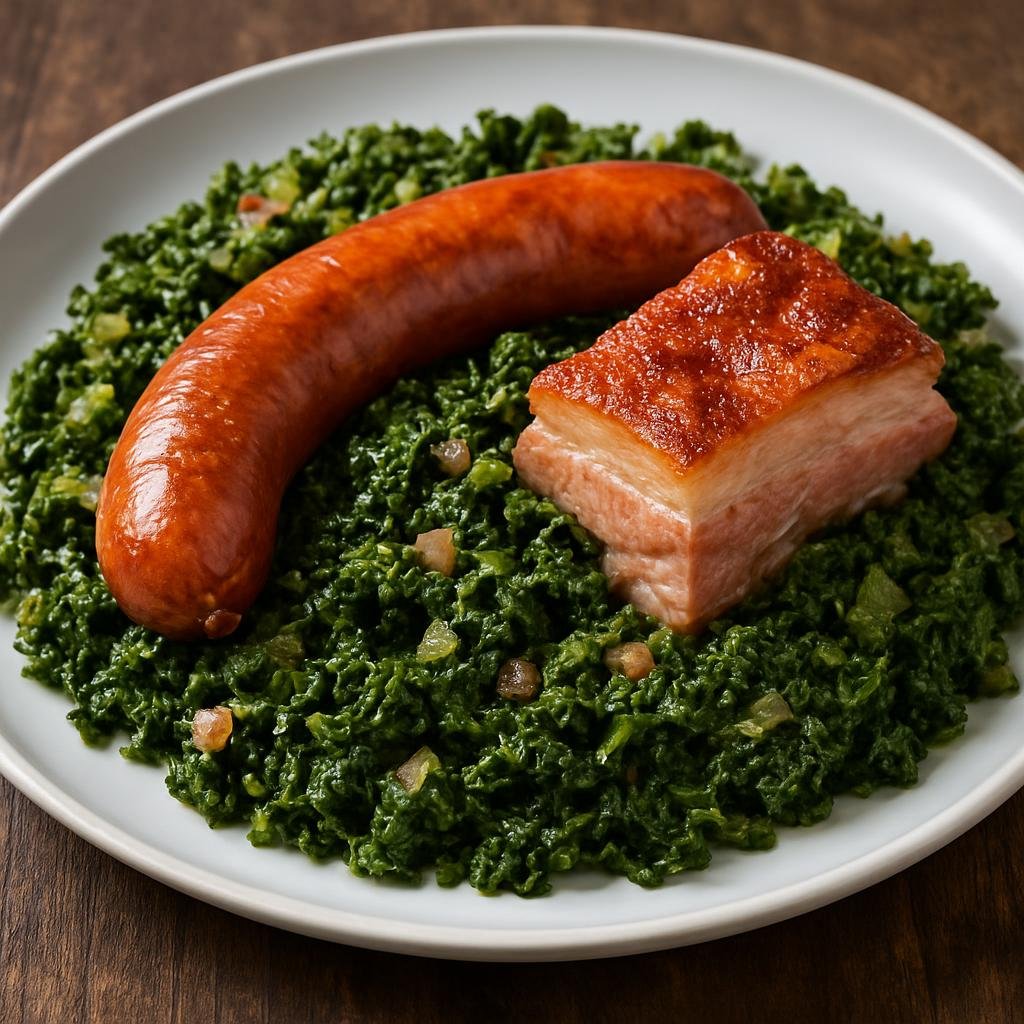 Entree: Germany – Hamburg & North Sea – Grünkohl mit Pinkel (Traditional north German stewed curly kale braised with smoked Pinkel sausage and pork) recipe