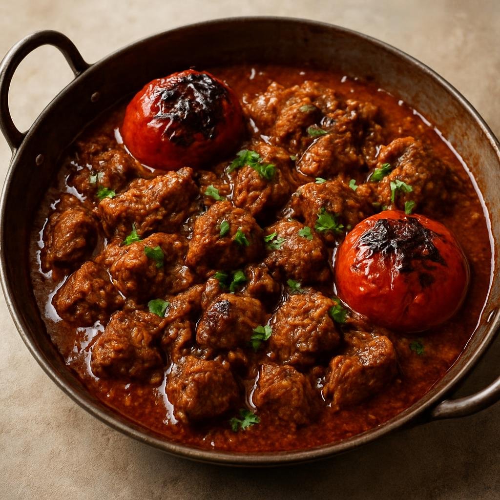 Entree: Pakistan – Khyber Pakhtunkhwa – نمک منڈی کڑاہی ➤ Namak Mandi Karahi (Charred tomato-and-lamb wok-style curry from Peshawar’s Namak Mandi) recipe