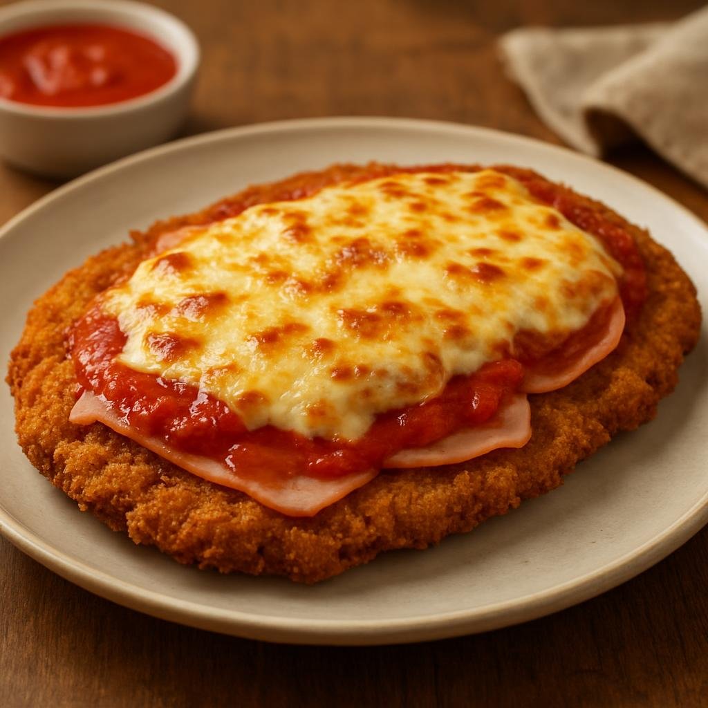 Entree: Argentina – Cuyo – Milanesa a la Napolitana (Breaded thin beef cutlets topped with tomato sauce, ham, and melted cheese) recipe