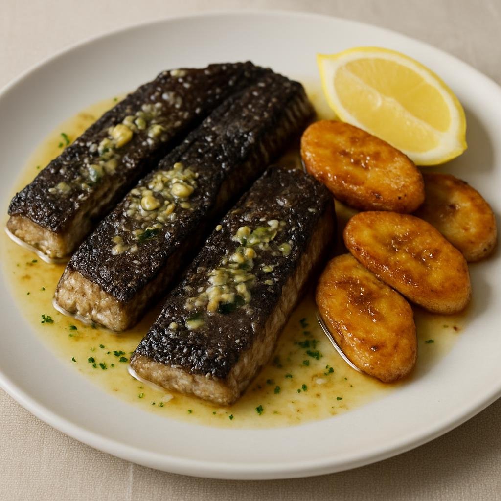 Entree: Portugal – Madeira – Filete de Espada Preto (Madeiran black scabbardfish fillets, pan-fried and commonly served with fried banana and a lemon-garlic wine sauce) recipe