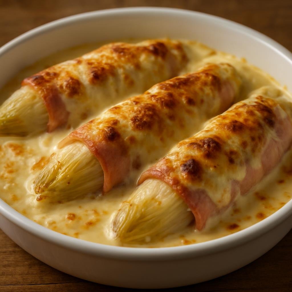 Entree: Belgium – Wallonia – Chicons au Gratin (Belgian baked endives wrapped in ham with creamy béchamel and melted cheese) recipe