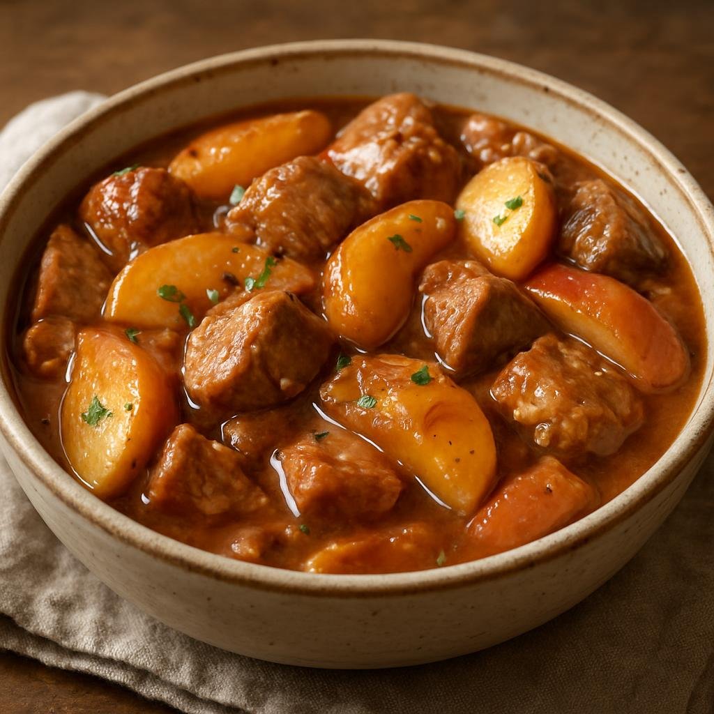 Entree: Ireland – West Ireland – Pork and Apple Casserole (Hearty braised pork cooked with apples and cider in a savory-sweet gravy) recipe