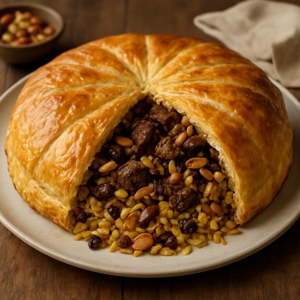 Entree: Syria – Syrian Kurdish Cuisine – Kurdish Parda Pilav (Baked saffron rice pilaf with spiced lamb, nuts, and currants enclosed in a buttery pastry) recipe